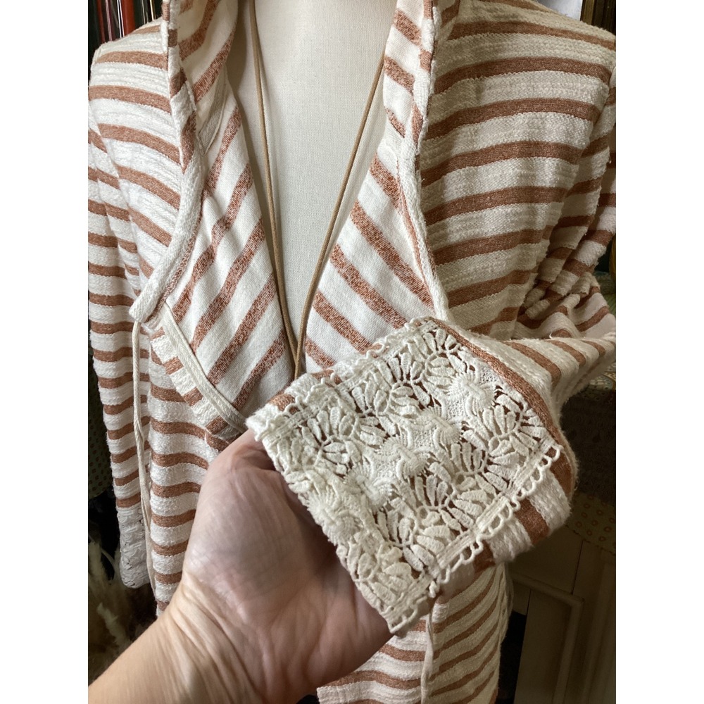 Entro Womens Small Striped Hooded Open‎ Front Cardigan Crochet Lace Back Rust - Picture 2 of 5